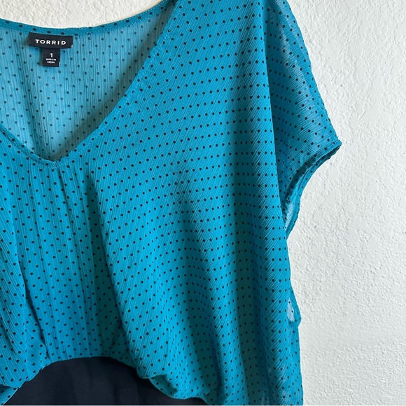 Torrid Ruffle Polka Dot Two Tone Dress Black Teal 1 - Picture 7 of 8